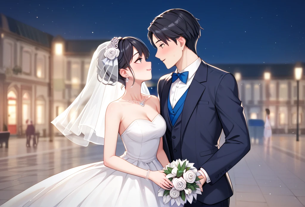 best quality, ultra-detailed, illustration, 
marunouchiekimaehiroba, dress, 1girl, hetero, 1boy, wedding dress, flower, night, bouquet, black hair, couple, formal, short hair, white dress, suit, outdoors, wedding, blurry, bare shoulders, holding
 