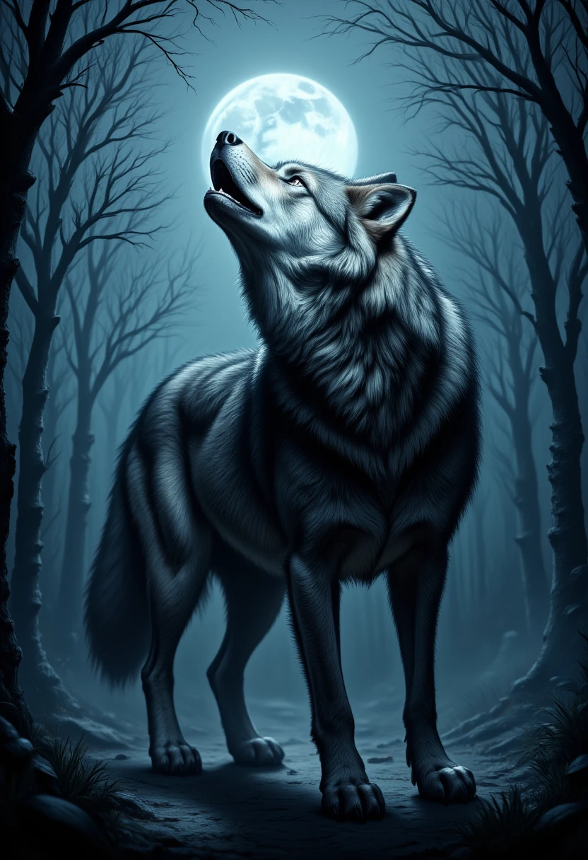 score_9, score_8_up, score_7, a anthro wolf howling in the night at the forest, a soft glowing moon hanging above the forest, hyp3rd3tail style, ral-ertmsphr