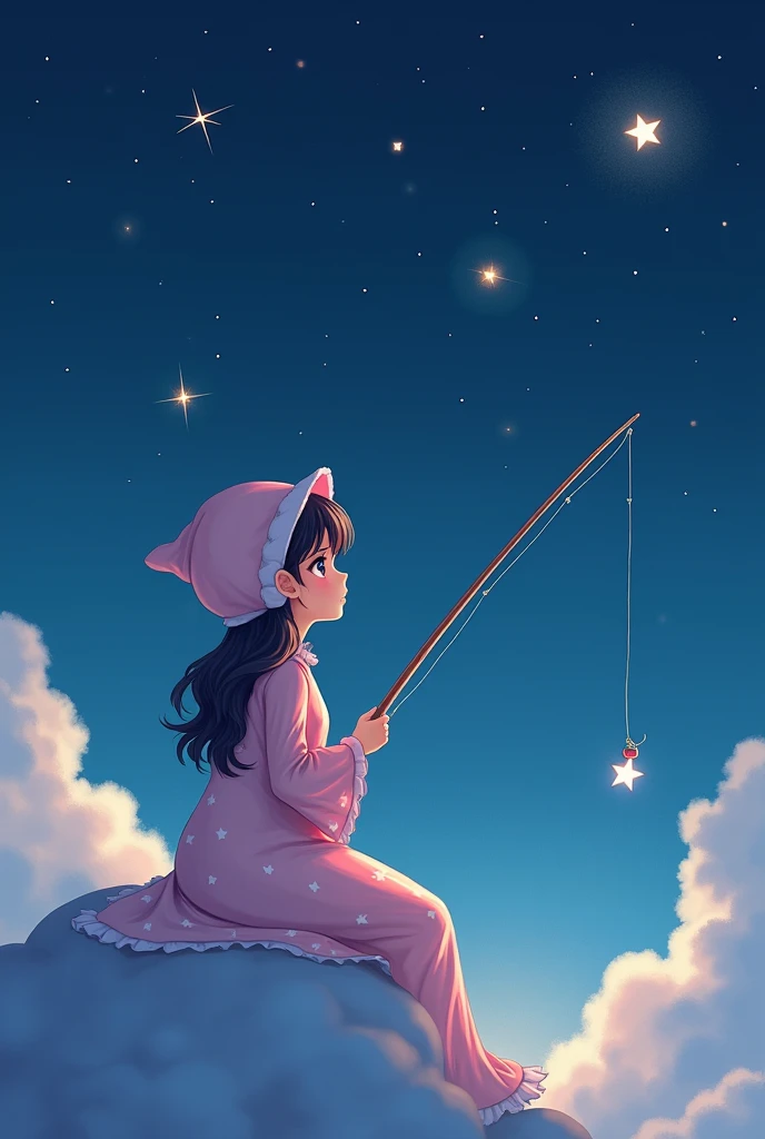 A female star fisher is sitting on a cloud, wearing a cute night gown with matching puffy hair bonnet and night gown, she is fishing for a star, her fishing line is pointed downwards, there is a bait on the hook of the fishing line,it is night and they are different stars in the sky , the sky is very beautiful and surreal, let the inage look realistic 