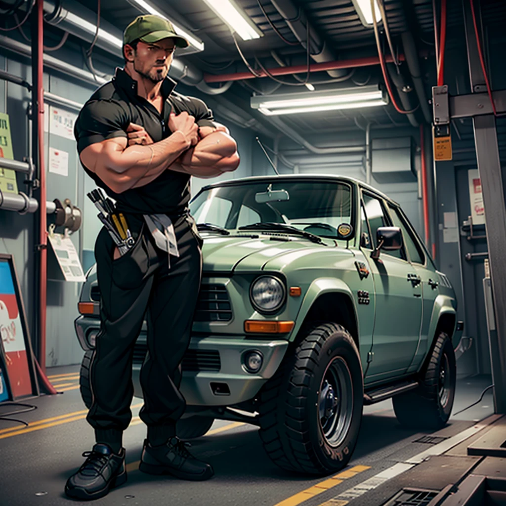 masterpiece, best quality, face, natural eyes,mature man, muscled and mature, stephen amell as a mechanic wearing uniform, mechanic, sweating, tight cloth, naked, full body