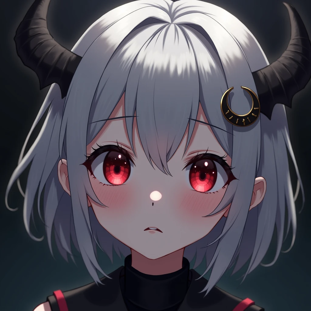 anime girl, teen, silver hair, short hair, crescent hair ornament, red eyes, bat ears, makeup, smile, annoyed, shy, blush, embarrassed, high detail, anime, Gothic art, anime style, first-person view, pov, close-up, from below, atmospheric perspective, perspective, UHD, retina, masterpiece, accurate, anatomically correct, textured skin, super detail, high details, high quality, award winning, best quality, highres, 4K, pfp, PFP