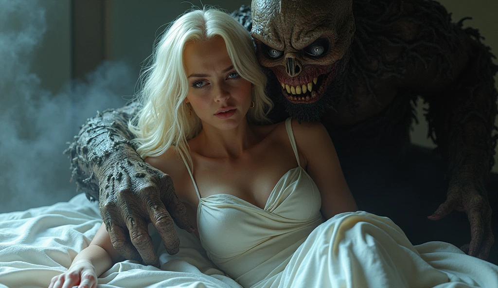 Millie Bobby Brown as Eleven, wide open eyes looking for us, nude, wears a necklace with a red diamond, squirting hard,  Long blonde hair,  double vaginal fucked by a zombie, orgasm face, fuck angry,  in the bedroom of a castle, at night
