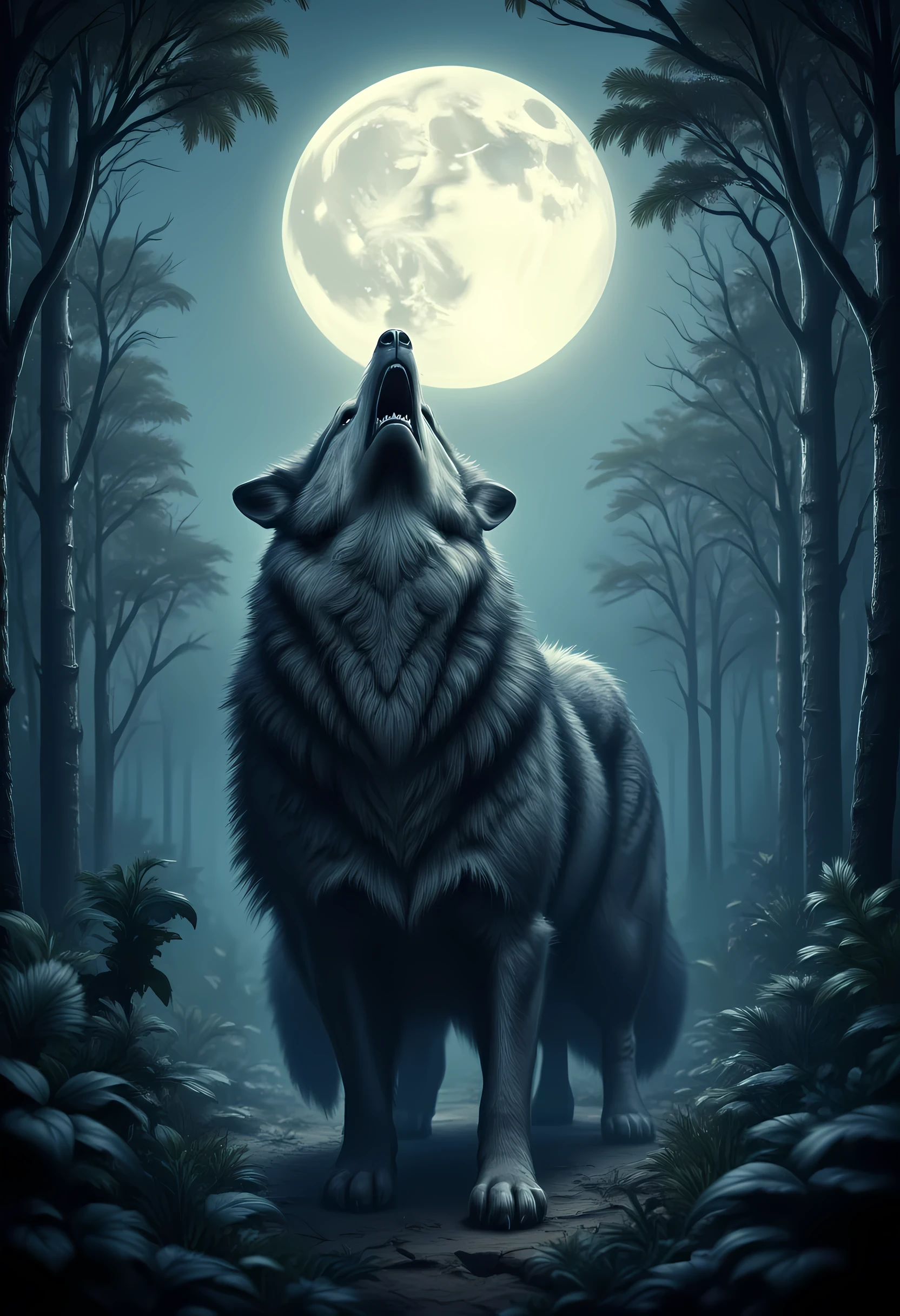 score_9, score_8_up, score_7, a anthro wolf howling in the night at the forest, a soft glowing moon hanging above the forest, hyp3rd3tail style, ral-ertmsphr