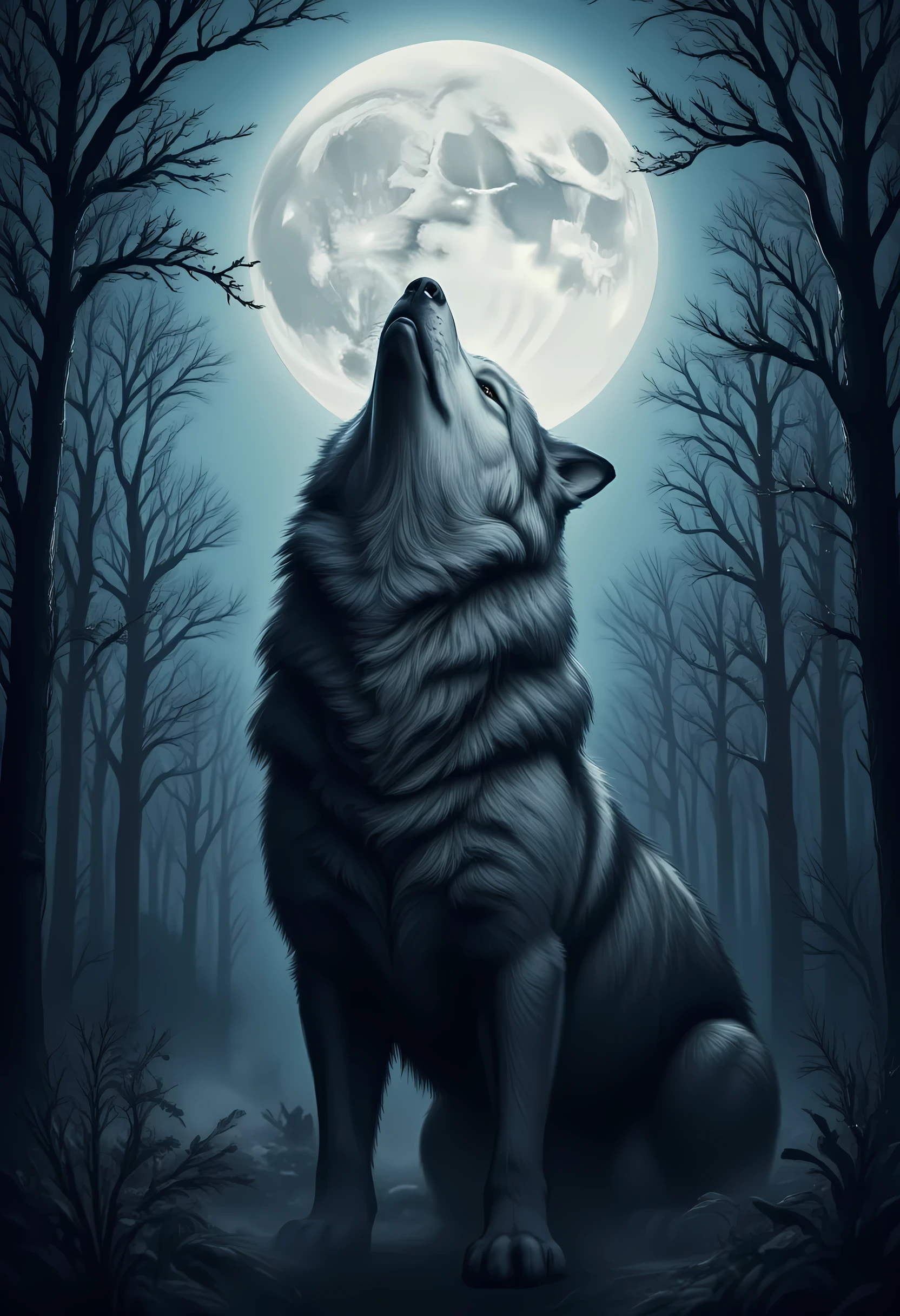 score_9, score_8_up, score_7, a anthro wolf howling in the night at the forest, a soft glowing moon hanging above the forest, hyp3rd3tail style, ral-ertmsphr