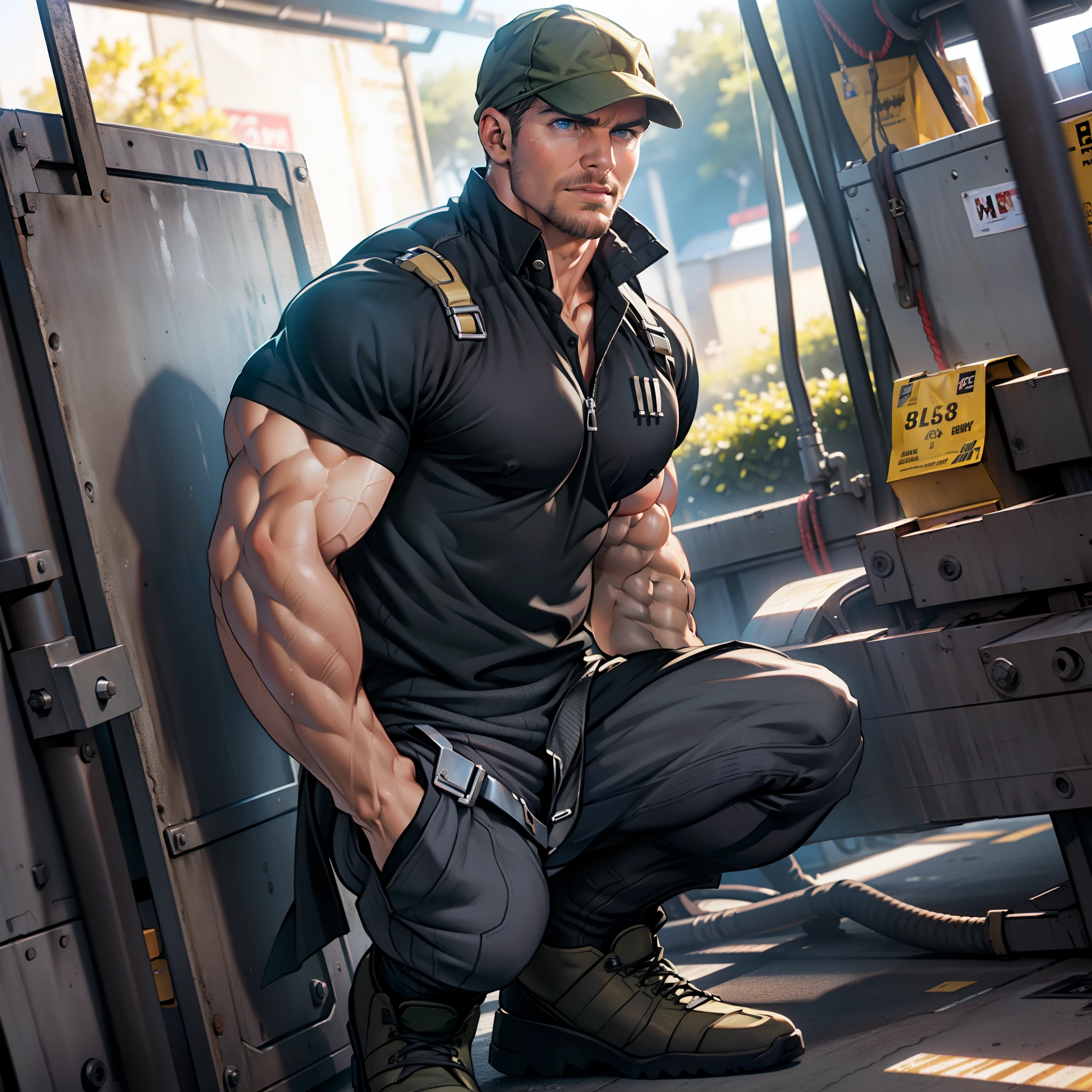 masterpiece, best quality, face, natural eyes,mature man, muscled and mature, stephen amell as a mechanic wearing uniform, mechanic, sweating, tight cloth, naked, full body