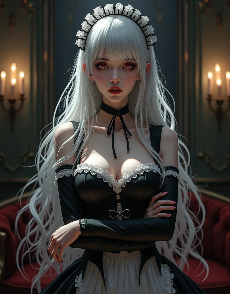 ((best quality)), ((masterpiece)), (detailed), 1girl, off-shoulder, Character design, female, dynamic poses, long white grey hair, grey white eyes, very skinny, detailed, best quality, no accesoires around the neck, no shoes, prominent collarbones, skinny arms, flat stomach, visible hip bones, full body, detailed gothic, NSFW, Very dramatic and cinematic lighting, cosmic horror, grim-dark, side-lighting, perfect face, NSFW, Realistic Shadows, Detailed skin, Very small breasts, Hair Ribbon, Very detailed, highly detailed face, Perfect face shape, Perfect lips, Perfect nose, Correct beautiful eyes, Watching Viewer, Best Quality, Single Girl, No bra, No panties, Solo
