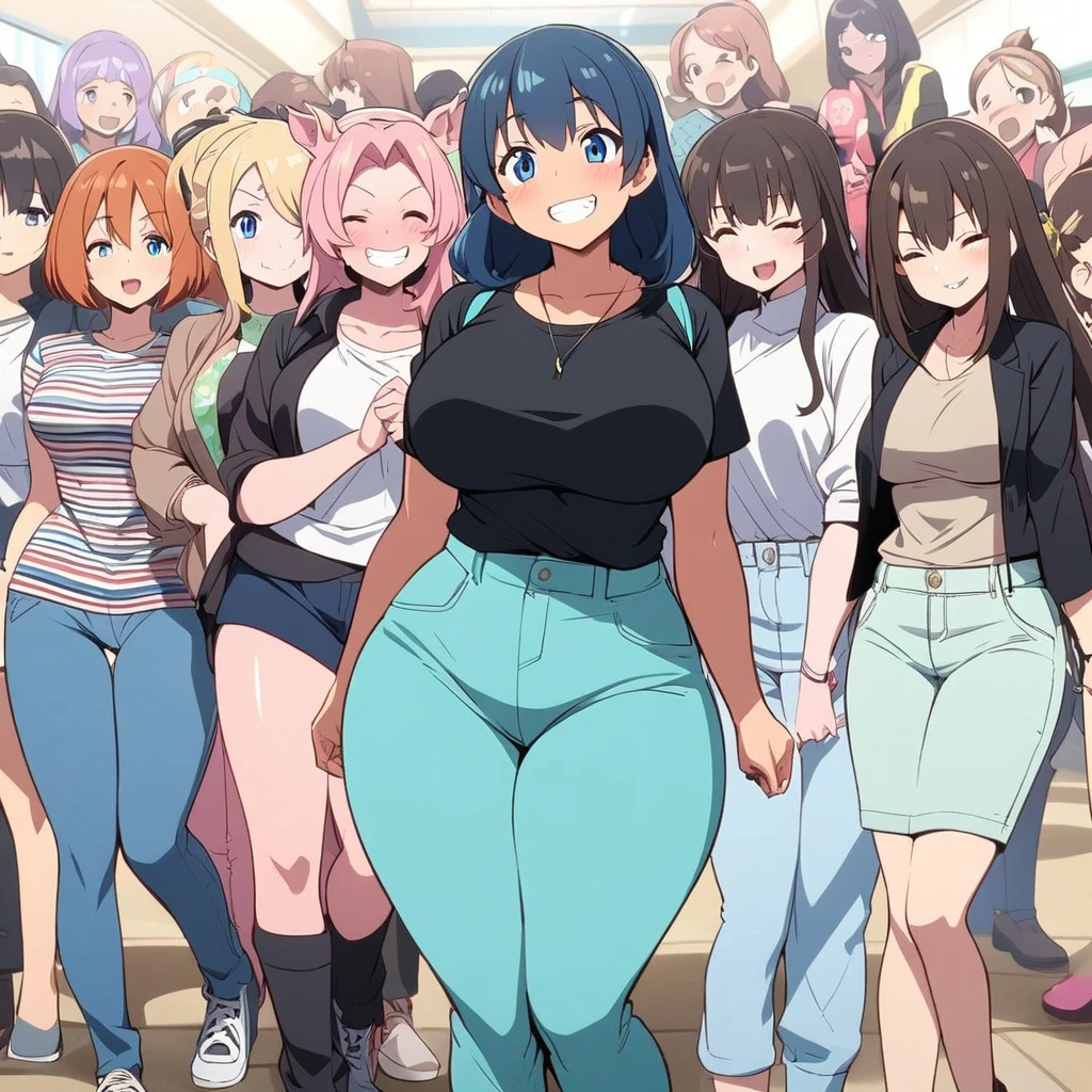 Anime, pig girl, pig's snout, pink skin, multiple girls, girls surrounding, casual Clothes, grin, curvy body