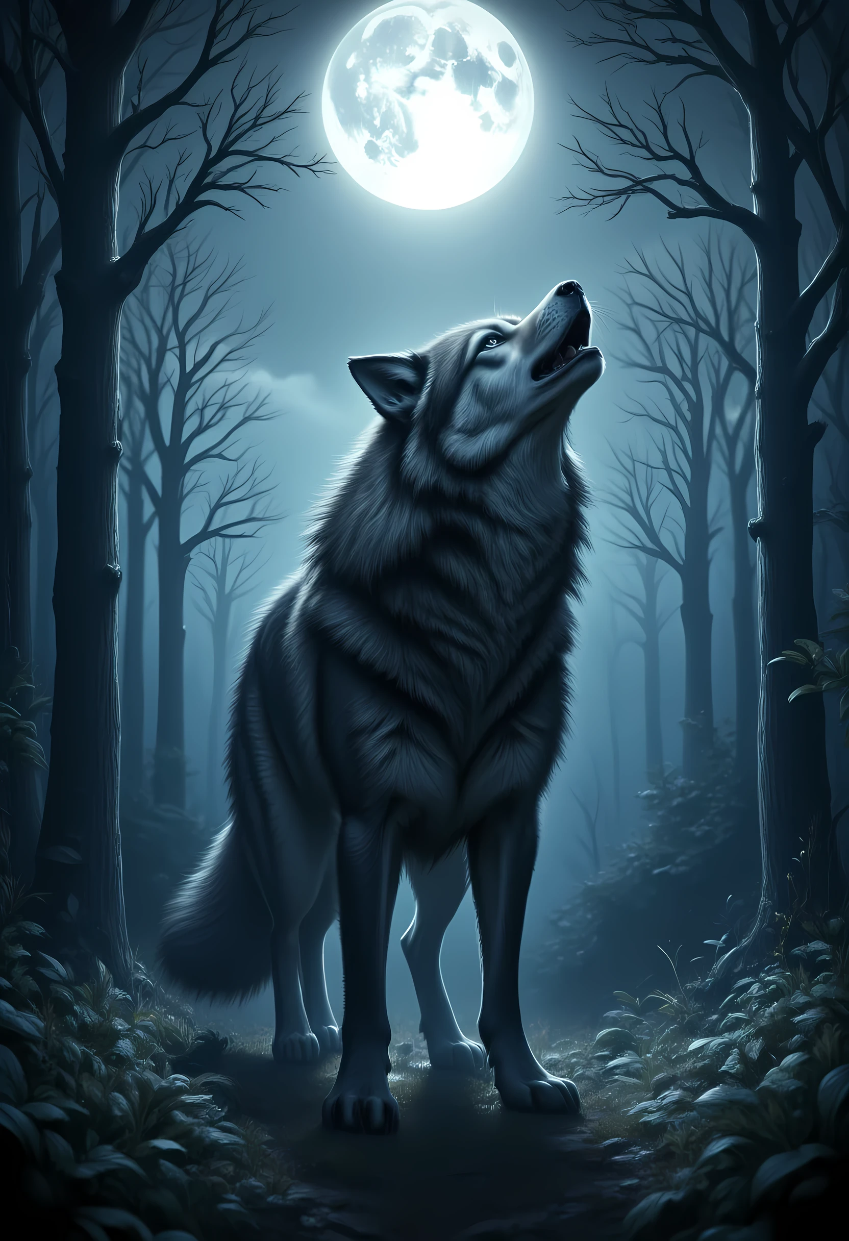 score_9, score_8_up, score_7, a anthro wolf howling in the night at the forest, a soft glowing moon hanging above the forest, hyp3rd3tail style, ral-ertmsphr