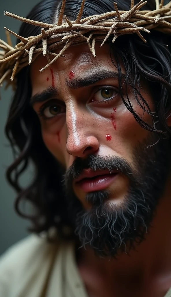 Close-up of Jesus on the cross with a crown of thorns blood stare piercing gaze, sad, Retailer, hdd4K, realist