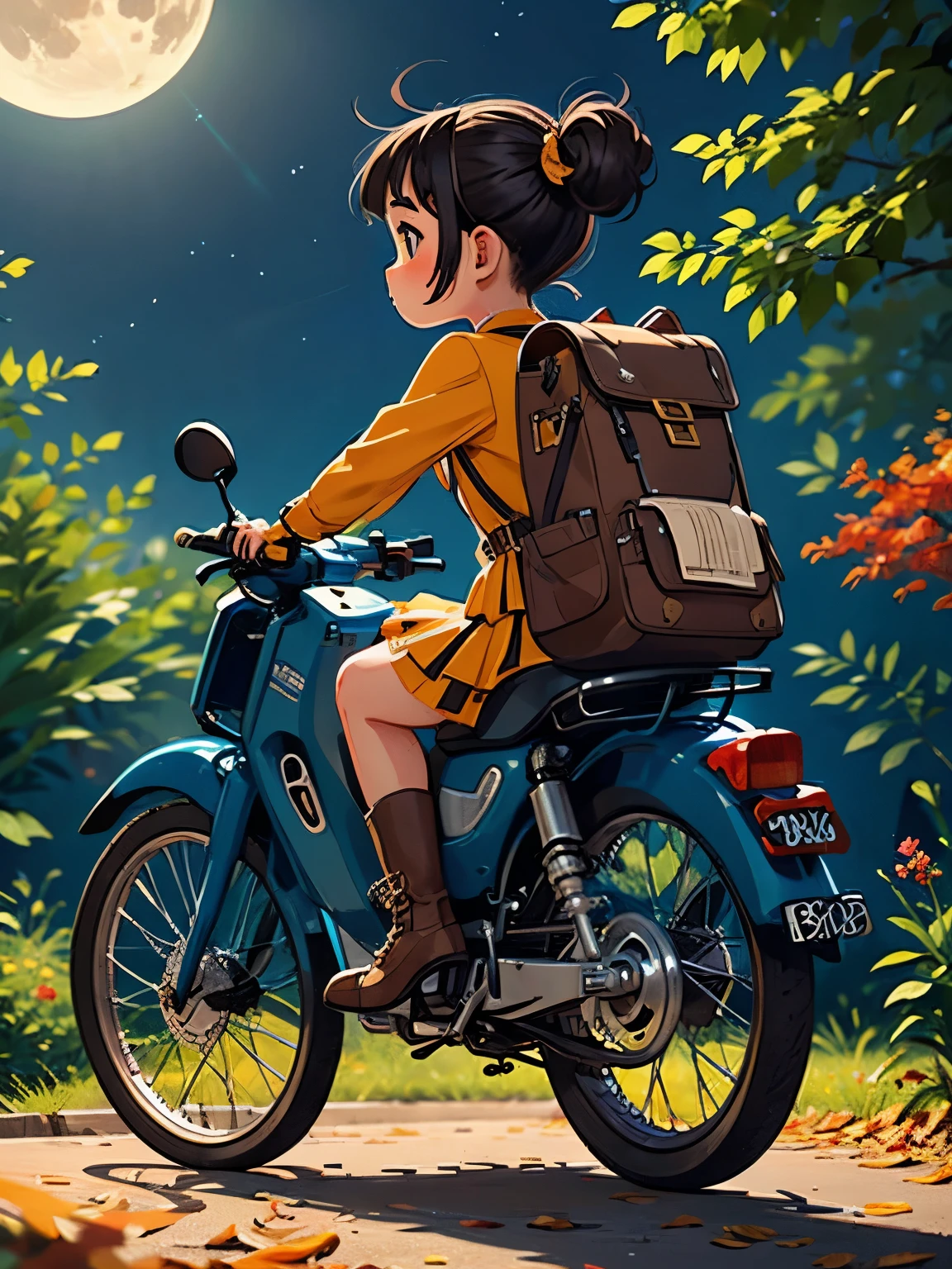 32K，UHD high resolution  ，Octane rendering，Steampunk，( Hyper Details : 1.2)， young girl riding a super cub 、Knight，cute，Very short stature， toddler figure ， very thin thighs， loading a lot of luggage in a yellow super cub，  long sleeve short dress ， semi-long twin tail ， Black Hair，goggles， black boots，Super Cub Details，To the campground ， medium shot from behind ，Autumn night sky， fall leaves for vaginal discharge，moon，
