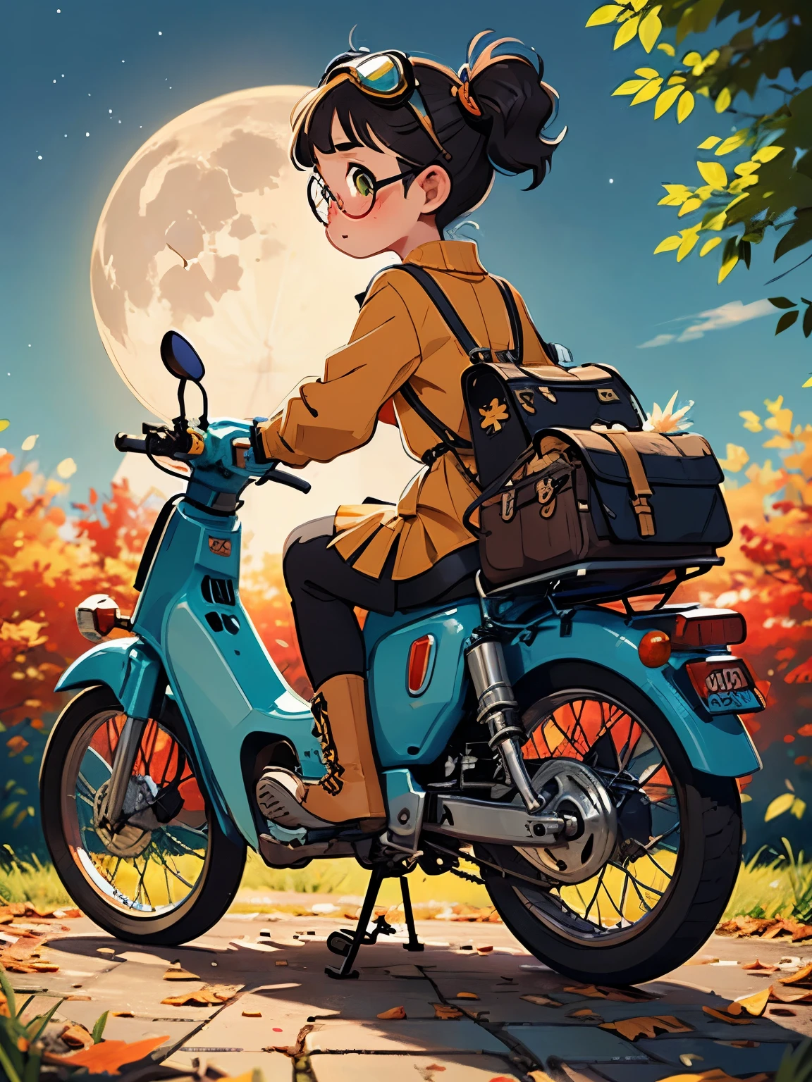 32K，UHD high resolution  ，Octane rendering，Steampunk，( Hyper Details : 1.2)， young girl riding a super cub 、Knight，cute，Very short stature， toddler figure ， very thin thighs， loading a lot of luggage in a yellow super cub，  long sleeve short dress ， semi-long twin tail ， Black Hair，goggles， black boots，Super Cub Details，To the campground ， medium shot from behind ，Autumn night sky， fall leaves for vaginal discharge，moon，
