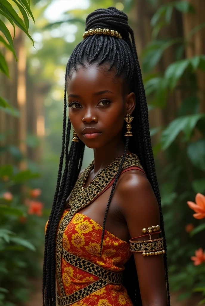 ((best quality)), ((masterpiece)), young african woman, backlight, nature, tribal dress, braids, photography, RAW photo, dslr, (highly detailed skin: 1.2), uhd, 8k, realism, pov, full body, perfect face