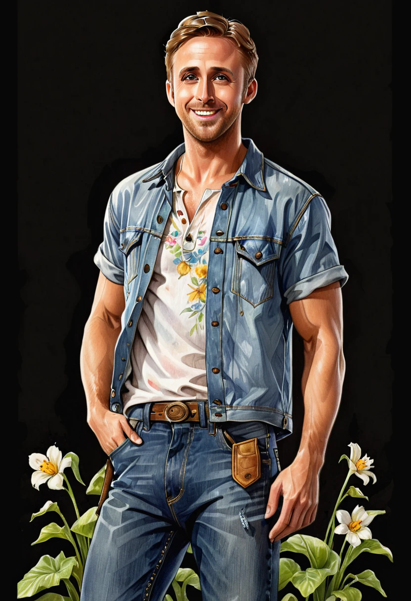 Masterpiece, ultra detailed, illustration, solo, 1man, ryan gosling a man, tanned skin, green eyes, brown shaved hair, gardener, wearing cow boy shirt and blue jeans, art by Enki Bilal, watercolor, DeviantArt, high resolution, black background, simple background, standing, smiling, fun