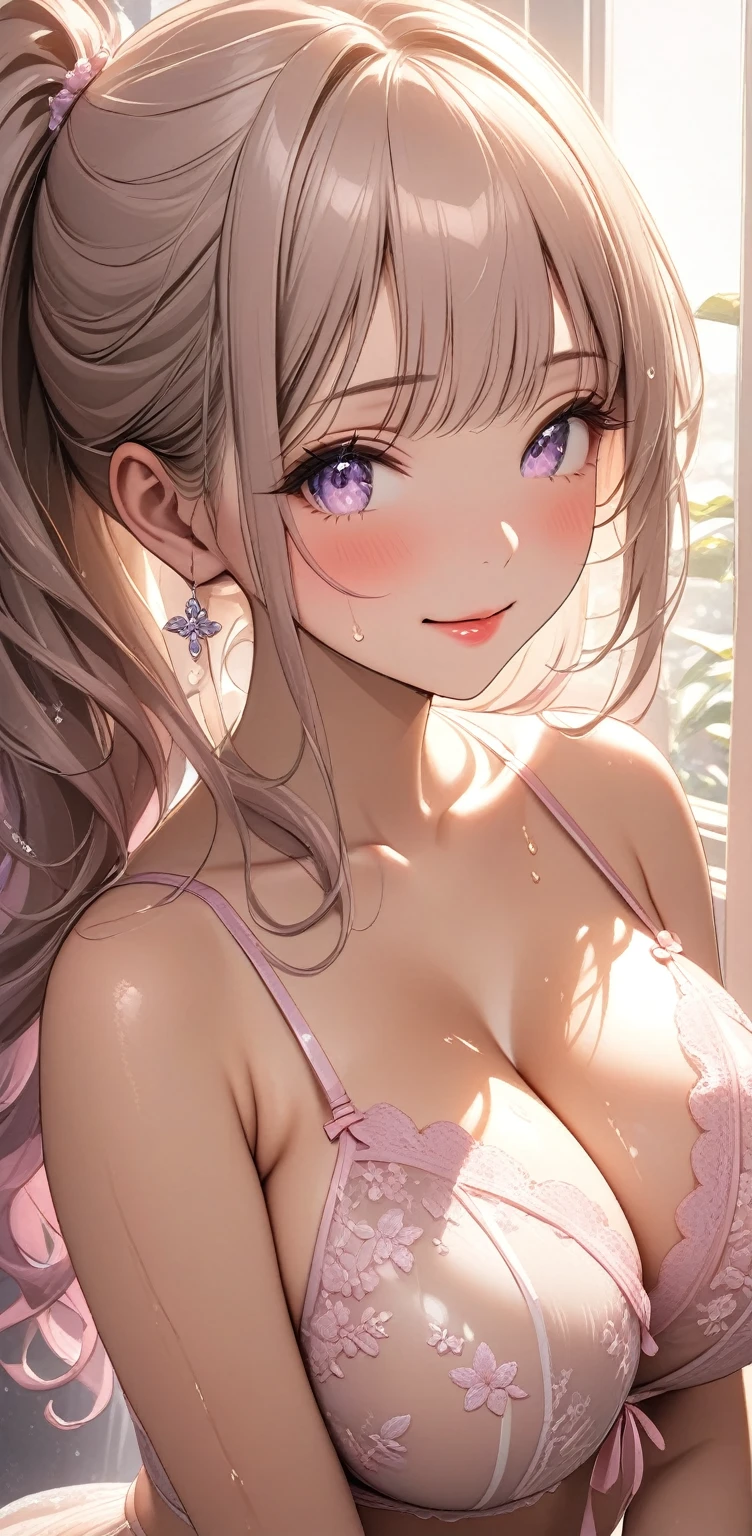 （a side ponytail:1.5）、The feeling of wet skin、 glossy skin、 drool with passengers、Big Breasts、   embarrassing expression   、 composition focusing on the face  、nsfw.（ embroidered light pink lingerie with a very delicate depiction :1.7）、（Translucent lingerie:1.8）.1 female,     gentle expression. Hair color in soft pastel beige shades  ,   natural light creates gentle shadows on the face,   soft wavy hair and smooth skin with soft lilac embroidery , Warm light shines in,  A little star shining in your eyes ,   long eyelashes ,  soft lip line, Natural three-dimensional effect,  gentle smile , ((masterpiece)), ((  best quality )), (  very detailed ), (  very detailed )), 4K, (8k),   so beautiful,  absurd,   kampala,