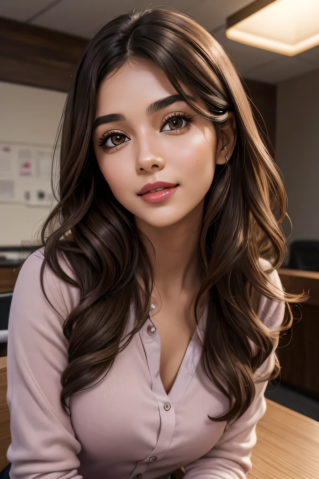 Portrait of a woman, front portrait, close-up professional portrait, medium close-up portrait, professional closeup photo: Resembling Gina Valentina, Looking to the camera, wearing modern casual office attire, in a professional TV studio setting.