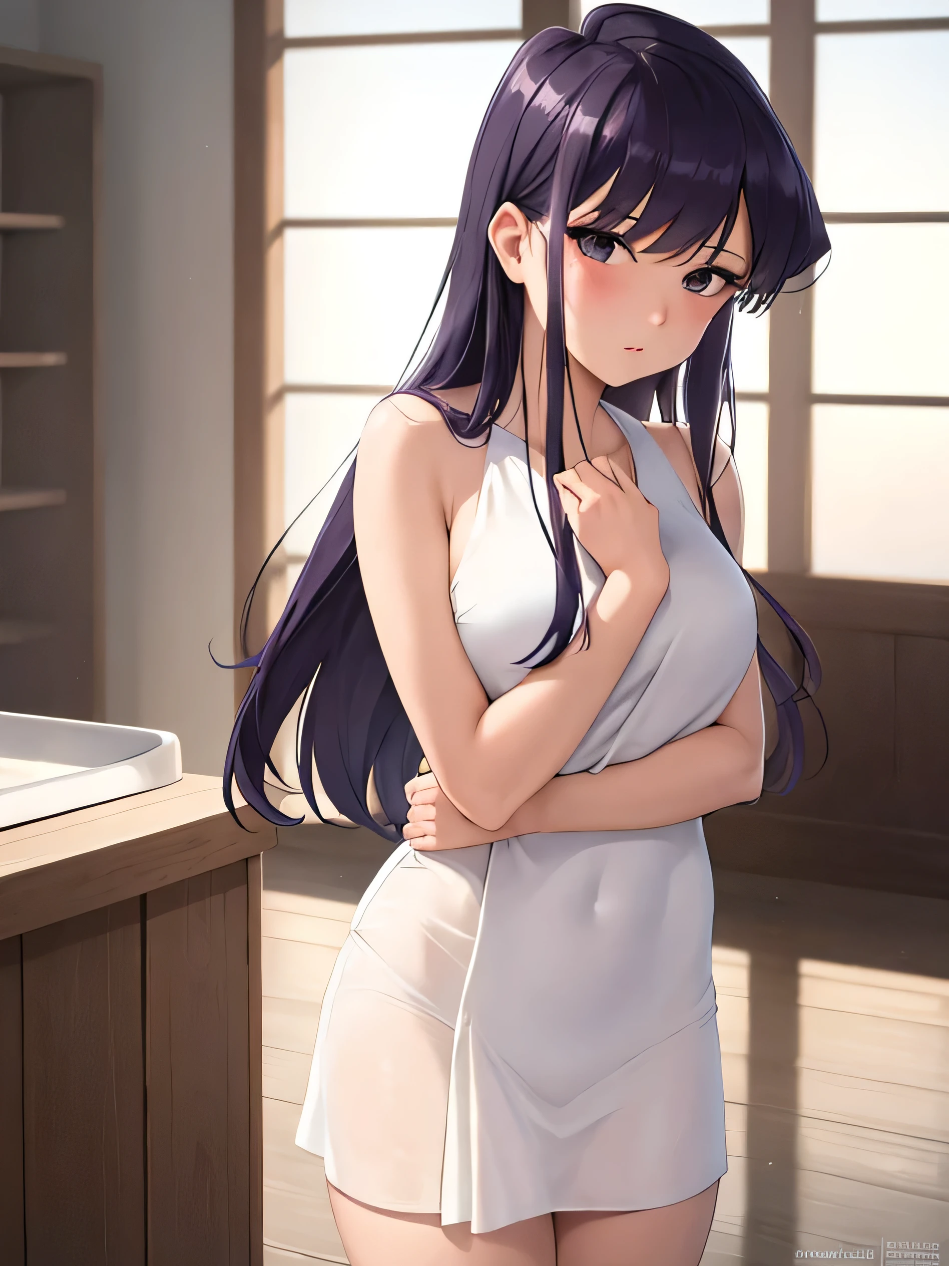 Anime girl with long light purple hair, standing in the bathroom in a bath towel, epic mage girl character, dark witch character,