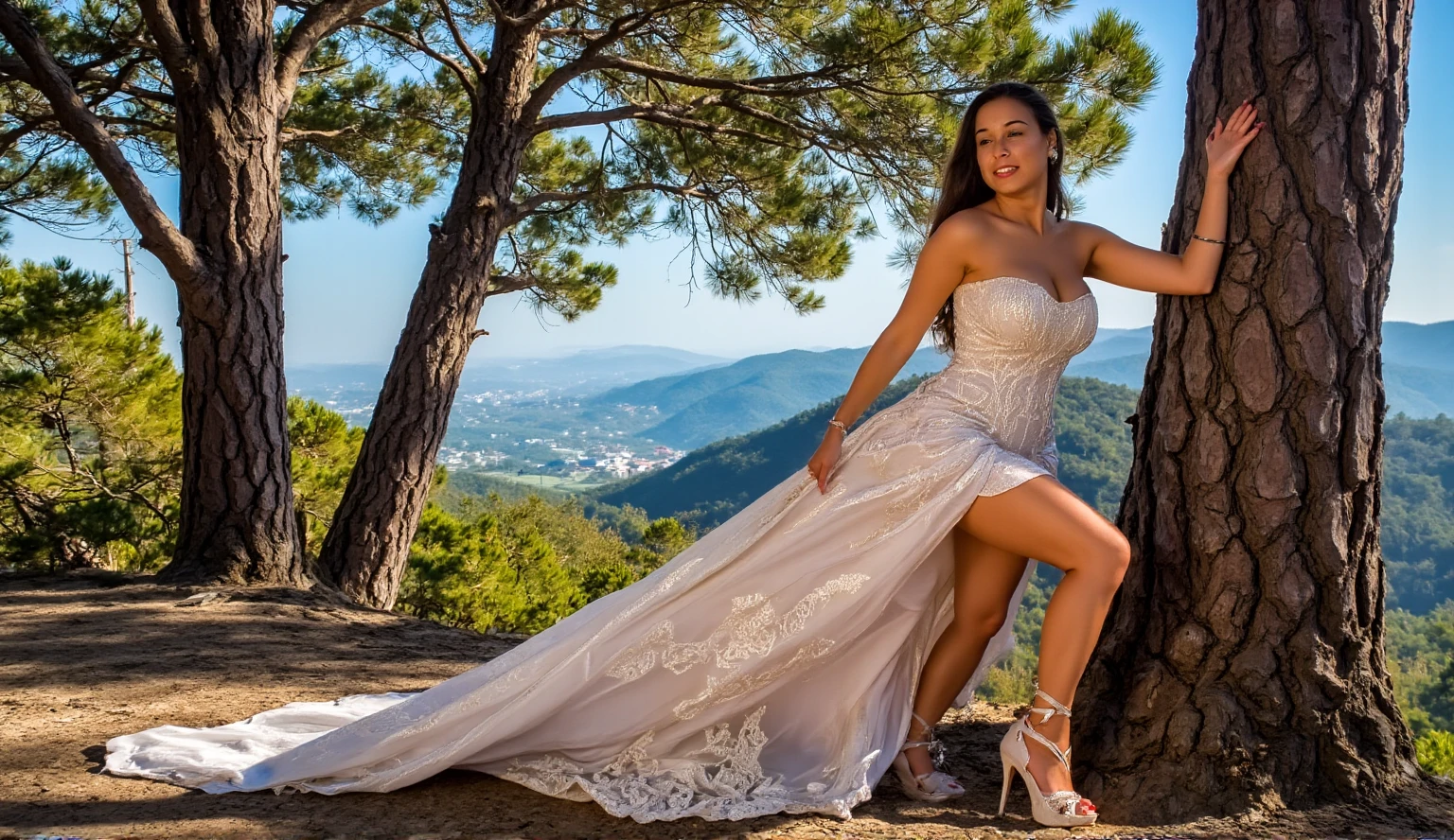 A stunning bride poses seductively, leaning on a majestic tree at the edge of a breathtaking valley amidst rolling mountains. Her tight, noble wedding dress showcases luscious cleavage and strapless allure, complemented by intricate filigree jewelry adorning her neck, wrists, and fingers. Lace-up high heels accentuate her toned legs. The sun casts sharp shadows on her ultra-detailed skin, complete with visible pores. Springtime's gentle breeze rustles the landscape as a Fujifilm XT3 captures every detail in razor-sharp focus at F/5, rendering an award-winning masterpiece of photorealistic UHD quality, rivaling 8k resolution.