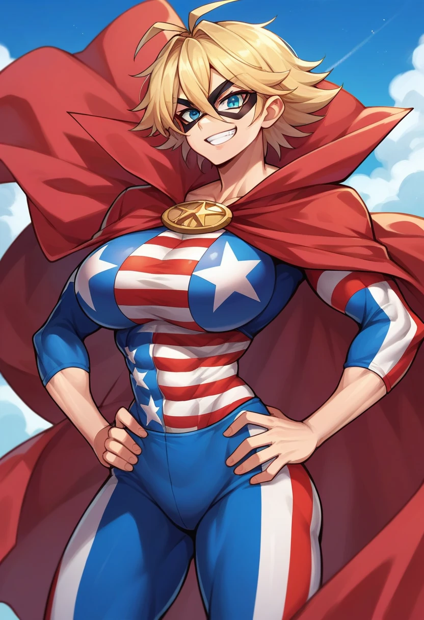 score_9, score_8_up, score_7_up, source_anime, solo, 1girl, starandstripe, grin, looking at viewer, hands on hips, muscular, antenna hair, domino mask, american flag print, striped bodysuit, red cape, blue sky, big breasts