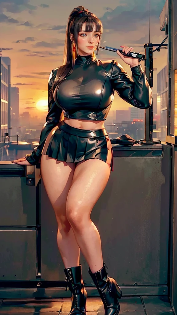 realistic, 1girl, busty thicc mature woman, jet-black hair, muscular body, thicc, thick thighs, hot sexy body, olive skin, green eyes, shining eyes, leather crop top, leather skirt, short stiletto-heeled combat boots, open lips, blush, night,