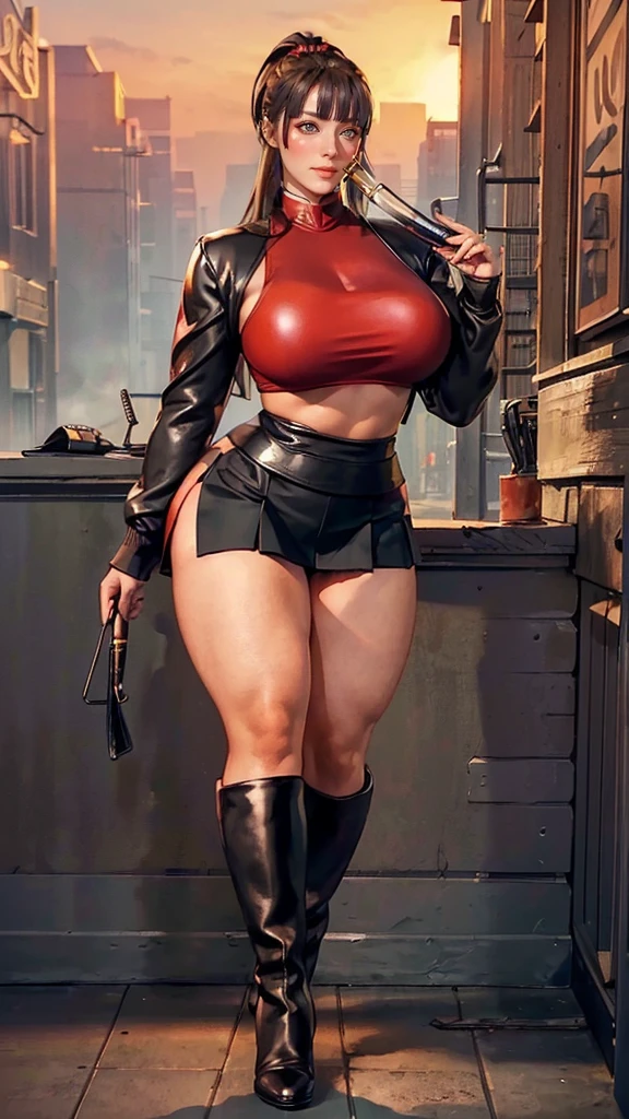 mujer hermosa, muy sexy, cuerpo voluptuoso, piernas muy sexys, chamarra militar roja, minifalda negra y botas negras.
