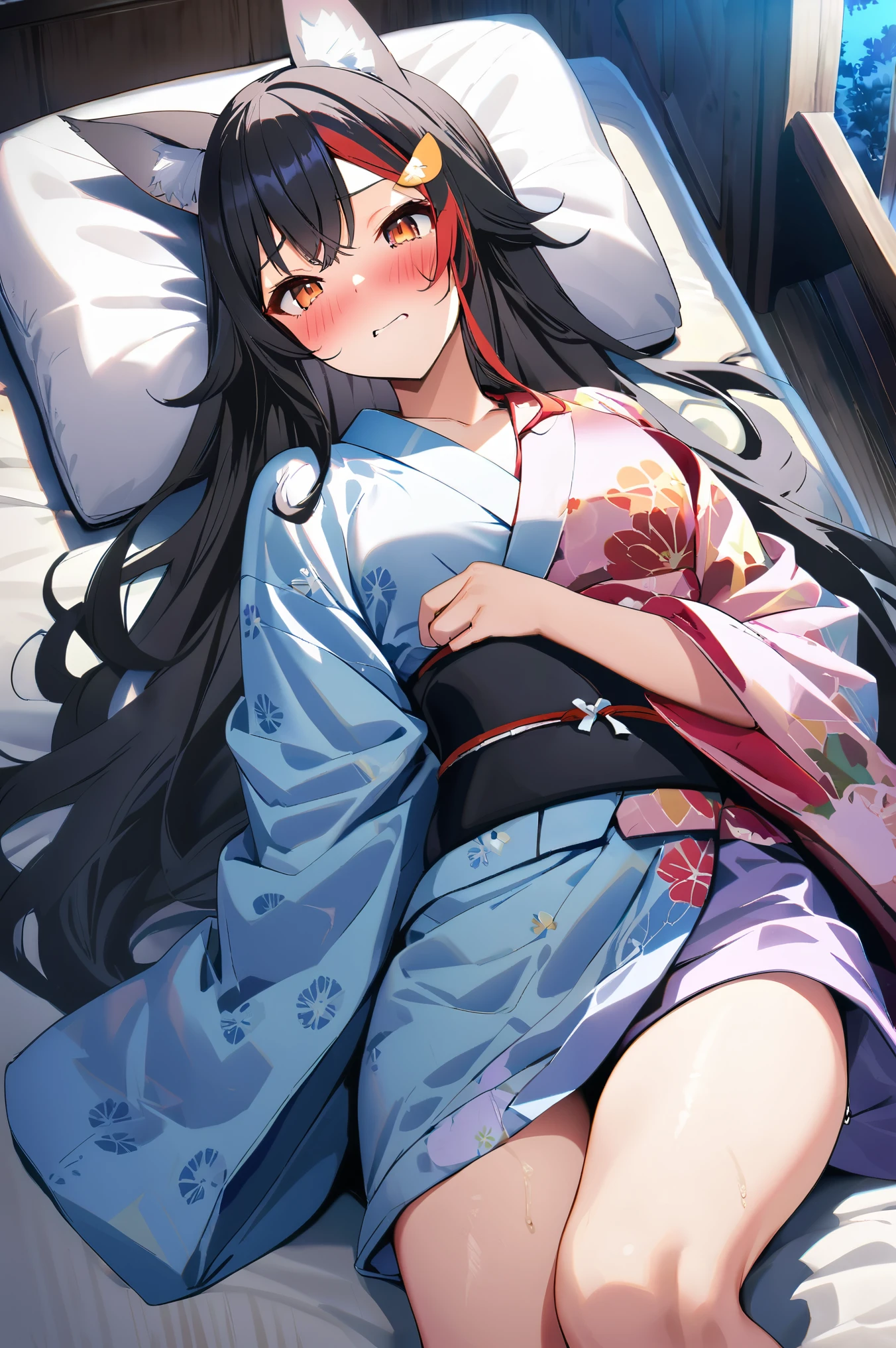 NSFW,masterpiece,Best Quality, high resolution on down, very detailed,Ogami Mio \( hololive \), very long hair,Black Hair,Wolf Ears,Hair accessories、kimono,yukata, off shoulder,Inn at night,Japanese-style room, moonlight,futon, I'm embarrassed,blush,Wisdom face, has sex appeal,sweat, Hollow Eyes, open clothes, lying down,Lying on your back,Leg spread, open crotches