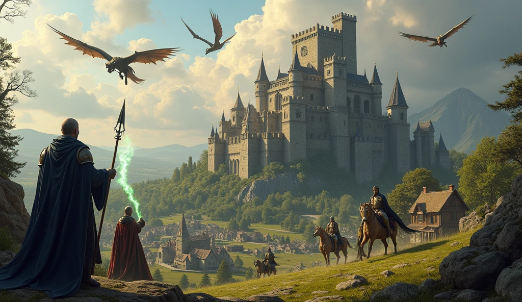 " A fantastic realistic image of the Middle Ages .  The scene includes a majestic medieval castle atop a hill ,  surrounded by vast forest and verdant fields . IN THE SKY,  dragons fly around the towers ,  while knights in shining armor , mounted on winged horses ,  prepare for battle . In a corner of the scene,  a wizard with a cloak and a staff casts a powerful spell ,  with magical lights radiating . In the background,  a medieval village animated with stone houses and thatched roofs ,  where peasants and artisans are busy with their daily activities.  The image should capture the mix of historical and fantastic elements ,  creating an enchanting and magical vision of the Middle Ages ."