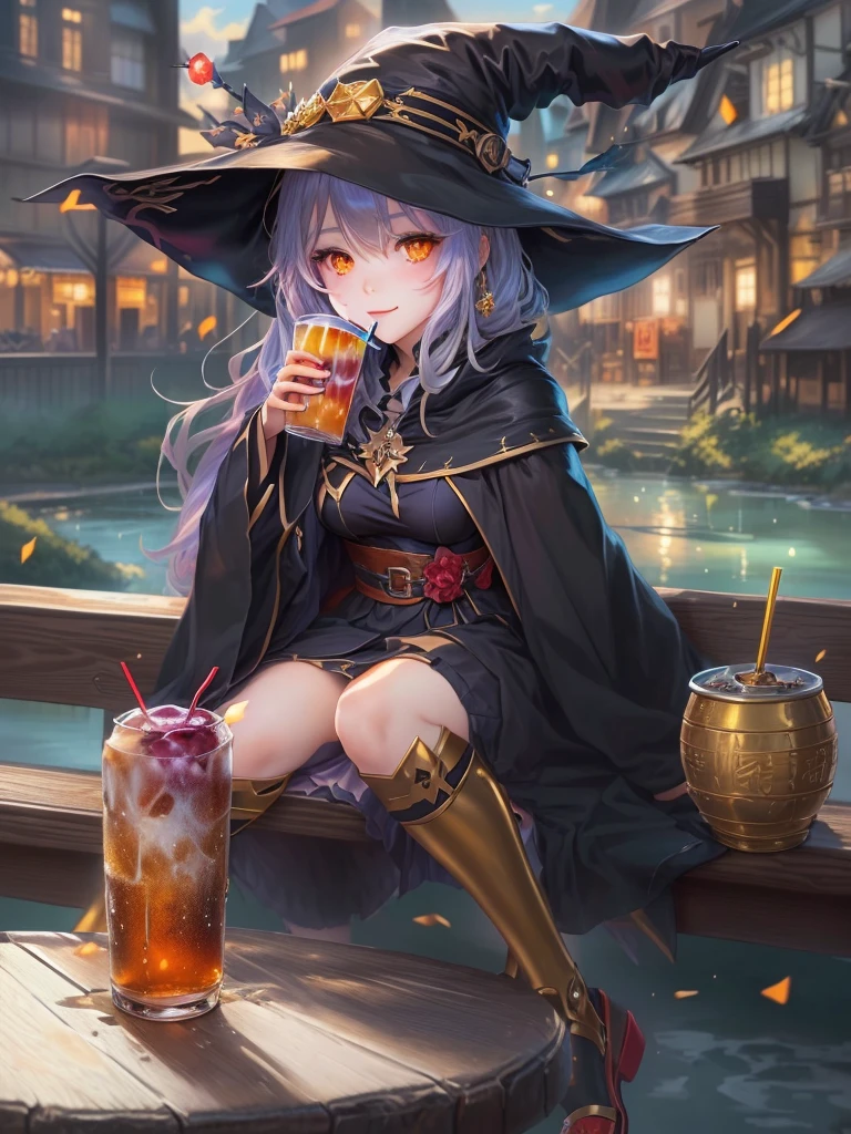  anime girl wearing a witch hat sitting on a bench , I'm wearing a black witch robe 、Gold and red decorations on hat and robe 、With a drink,  Splash Art Anime Lori ,   anime girl sitting at a city table drinking energy drink ,  Anime Visual of a Cute Girl , Alchemist Girl , best anime 4k konachan wallpaper, Witch Girl,  drinking beer , Popular Isekai anime , isekai, Holding the drink in your right hand