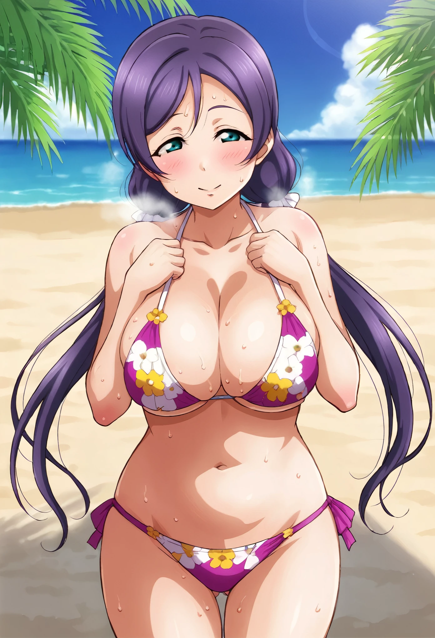 Toujo nozomi love live ,breath ,large breasts ,long hair,low twintails , flowers bikini,purple hair ,sweat ,twintails , beach, cowboy shot , mature woman 