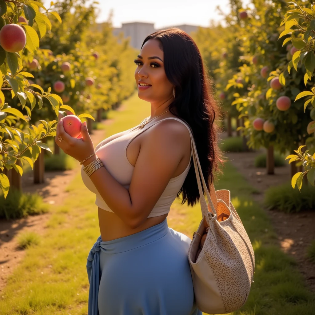 A high-quality digital artwork depicting an elegant Arabian woman standing poised within a sunlit orchard filled with ripe peaches. Her figure is exceptionally curvaceous, with a balanced hourglass silhouette that highlights her ample chest, narrow waist, and wide, rounded hips. She wears a snug floral crop top in warm yellow and white, accentuating her full bust and framing her radiant, golden-brown skin tone that glows with a warm, sun-kissed richness. The gentle warmth of her skin complements the golden hues of the sunlight, creating a harmonious blend that enhances her captivating appearance. A flowing blue skirt rests gracefully on her hips, cascading to her ankles and adding movement to her refined look.

Her skin is smooth and luminous, with undertones of honey and caramel that reflect the sunlight beautifully, giving her a natural, healthy glow. Her manicured hands are delicate, with long, almond-shaped nails polished in a soft nude shade that complements her warm skin tone. One hand delicately holds a ripe peach, the warm color of the fruit mirroring the golden undertones of her skin, while the other hand lightly rests on her skirt, drawing attention to her graceful posture.

Her facial features are mesmerizing, with almond-shaped eyes in a deep brown that gleam with a hint of warmth and mystery, framed by dark, thick lashes. Her full, shapely lips are painted in a soft nude shade, slightly parted in a gentle, inviting smile that exudes calm and confidence. Her long, wavy black hair cascades over her shoulders and down her back, the dark waves contrasting beautifully against her glowing skin, adding depth and texture to her look.

She accessorizes with a simple shell pendant resting against her collarbone, complementing her natural beauty, while hoop earrings and a stack of delicate bangles add subtle elegance. A patterned tote bag drapes from one shoulder, adding a touch of casual sophistication. The orchard surrounds her with vibrant greenery and ripe pea