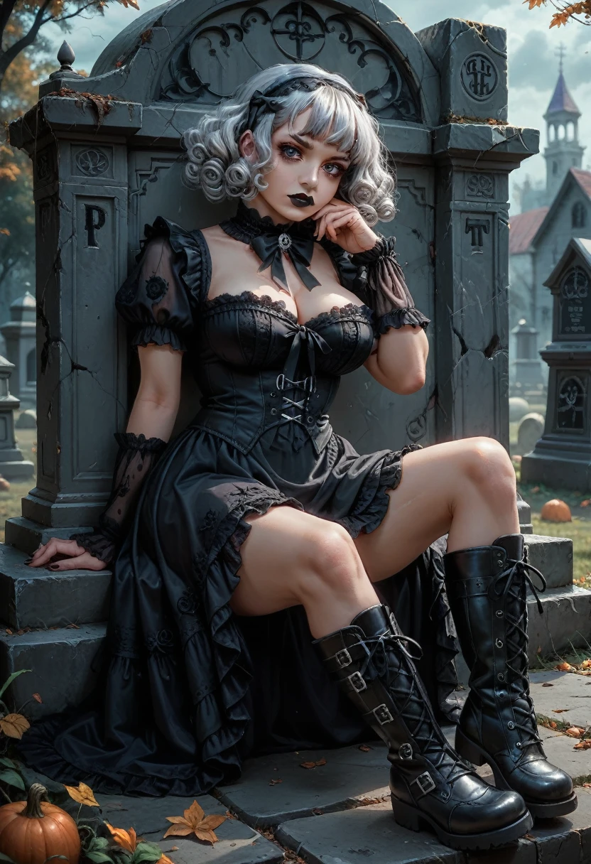 young gothic ****ta wears a tulle dress and a top made of black fine lace (thin fabric, transparent fabric (0.5), breasts visible through the fabric, big breasts), dress is black red and purple, panties visible, overboots lace-up boots, long black curls, smokey eyes, sits on a wall at the edge of a cemetery, silver hair clip, black lipstick, pale skin color
Vorbereitend 
