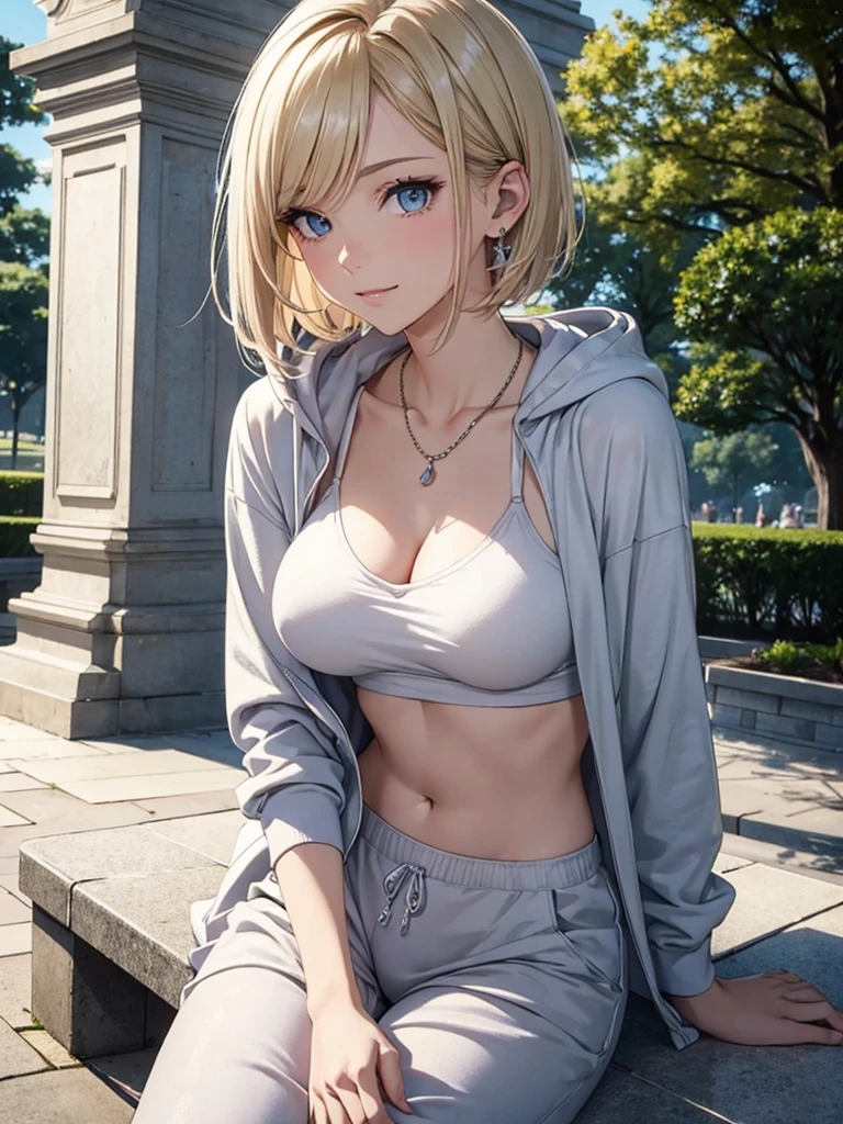 Anime style, super fine illustration, highly detailed, beautiful detailed, pale tone image, static representation, gentle expression, 8k, pretty 1girl with blonde straight short hair & blue eyes & a bright smile & huge breasts & soft fair skin is wearing the black skportswear & sportshorts & sportsjaket in the park, in the morning, in the brilliant particles of lights, romantic stories, solo, perfect 5fingers, perfect arms, perfect legs, masterpiece.