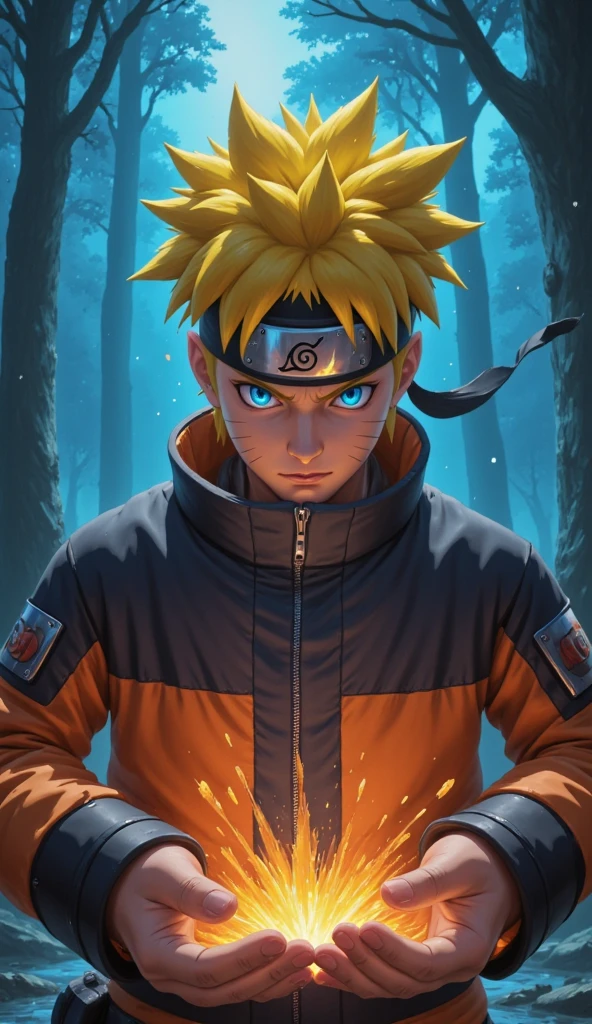 Naruto with bright blue, intense eyes, glowing with power as he performs Rasengan, his spiky blond hair illuminated by bright yellow highlights. He stands in a neon-lit forest, surrounded by particles of light and sparkling water droplets, with vivid blue and orange reflections that intensify his determined expression.