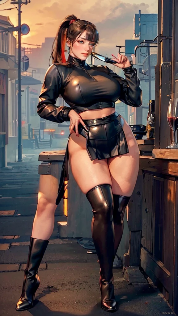 View from behind, huge butt, PAWG, wide hips, slim waist, thick thighs, Patriotic salute, intricate, elegant, highly detailed, digital painting, artstation, concept art, smooth, sharp focus, illustration, add_detail:3, gothic girl, mature, woman, short hair, black hair, pale white skin, red eyes, droopy eyes, big eyelashes, serious look, serious expression, eyebrows done, outlined, shadow, smoking cigarette, black robes, cleavage, black leather jacket, detailed black skirt, black heels, big, dark, shadows, night, dark, black, gloomy, breasts, big ass, leaning against the wall, dark alley, neon lights, cyberpunk, dirty alley, alley, smoking cigarette, anime, night, night city