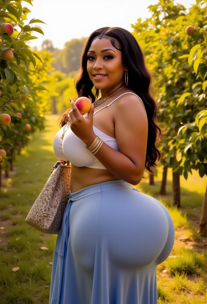 A high-quality digital artwork depicting an elegant Arabian woman standing poised within a sunlit orchard filled with ripe peaches. Her figure is exceptionally curvaceous, with a balanced hourglass silhouette that highlights her ample chest, narrow waist, and wide, rounded hips. She wears a snug floral crop top in warm yellow and white, accentuating her full bust and framing her radiant, golden-brown skin tone that glows with a warm, sun-kissed richness. The gentle warmth of her skin complements the golden hues of the sunlight, creating a harmonious blend that enhances her captivating appearance. A flowing blue skirt rests gracefully on her hips, cascading to her ankles and adding movement to her refined look.

Her skin is smooth and luminous, with undertones of honey and caramel that reflect the sunlight beautifully, giving her a natural, healthy glow. Her manicured hands are delicate, with long, almond-shaped nails polished in a soft nude shade that complements her warm skin tone. One hand delicately holds a ripe peach, the warm color of the fruit mirroring the golden undertones of her skin, while the other hand lightly rests on her skirt, drawing attention to her graceful posture.

Her facial features are mesmerizing, with almond-shaped eyes in a deep brown that gleam with a hint of warmth and mystery, framed by dark, thick lashes. Her full, shapely lips are painted in a soft nude shade, slightly parted in a gentle, inviting smile that exudes calm and confidence. Her long, wavy black hair cascades over her shoulders and down her back, the dark waves contrasting beautifully against her glowing skin, adding depth and texture to her look.

She accessorizes with a simple shell pendant resting against her collarbone, complementing her natural beauty, while hoop earrings and a stack of delicate bangles add subtle elegance. A patterned tote bag drapes from one shoulder, adding a touch of casual sophistication. The orchard surrounds her with vibrant greenery and ripe pea