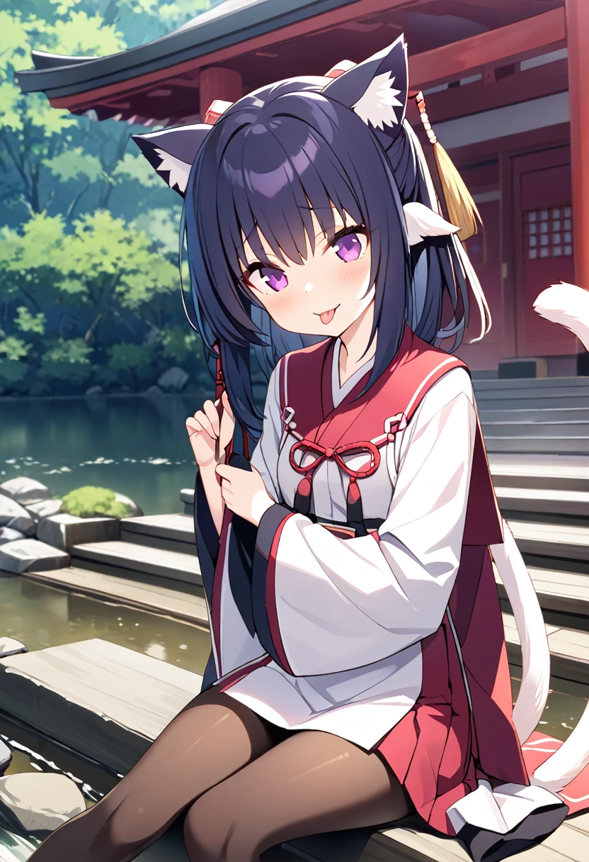 Best Quality、One girl、 very cute girl sticking out her tongue on the stairs、 small breasts、 cat ears and tail that open legs、 has glossy dark blue hair、 shortcut 、 purple eyes、 White and Red Shrine Maiden Outfit、 Short Skirt 、Brown tights、shrine、Riverbank、階段舌を出す、Naughty look、