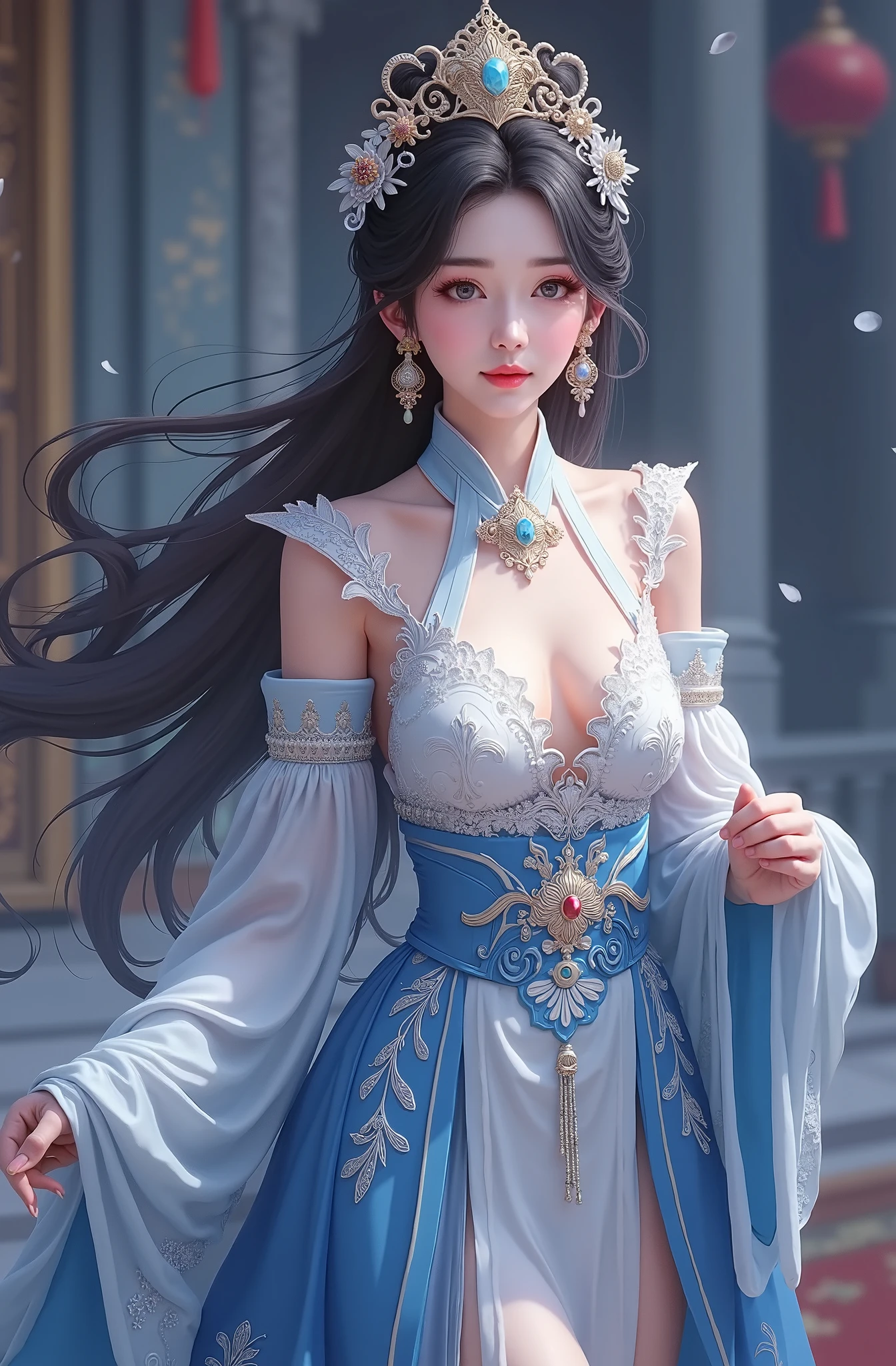 1 girl Girl's masterpiece, high cold Korean makeup, Seductive Korean faces，temperament，smiled，The perfect combination of water and dragon,Snowflakes，lightning , The dragon, and various intricate embellishments，There are luxurious accessories and gorgeous and intricate Xiuhe costumes，A tight face with a tall nose and a tall figure，The picture is real, mixed with conceptual art, Antique and modern are a perfect combination, the picture is dazzling，surround，Radiant，Cumbersome concept art，8K picture quality, best quality and most detailed composition