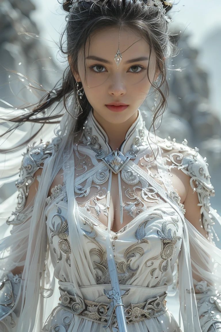 (masterpiece, RAW, 32K, UHD, hyper realistic, best quality), swordswoman,1girl (Beautiful face, supermodel) ,seductive smile, black hair ,blue sky, blurry, brown eyes ,closed mouth ,cloud ,day ,eyelashes ,grey eyes, holding sword, lips ,long hair, looking at viewer, mountain, snow ,solo ,sword ,water, weapon, wind ,winter, sword ,Hanfu, Masterpiece,Game art,The best picture quality,Highest resolution,8K,(Portrait),Unreal Engine 5 rendering works,(Digital Photography),((Portrait Feature:1.5)), 20 year old girl,Short hair details,With long bangs,(The red eye makeup is very meticulous),(With long gray hair:1.4),(Large, full breasts),Elegant and noble,Brave and charming, (Future armor combined with the characteristics of ancient Chinese armor,Hollow design,Power Armor,The mysterious Eastern runes,A delicate dress pattern,A flash of magic),Warrior of the future,Cyberpunk figures,Background of war, Movie lights，Ray tracing，Game CG，((3D Unreal Engine))，OC rendering reflection pattern