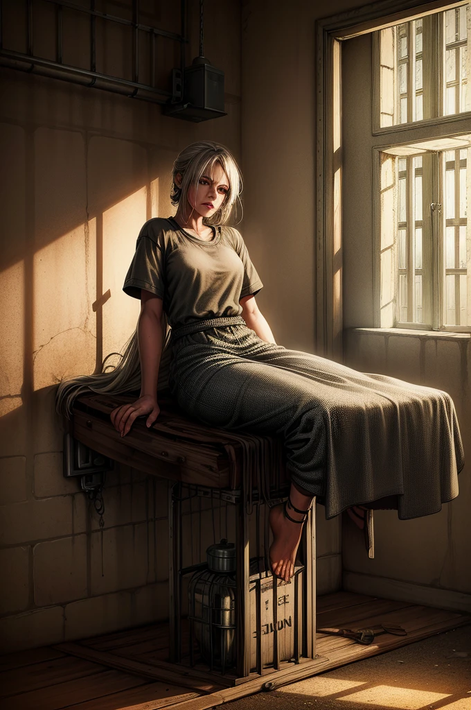 a woman in prison clothes sitting on a prison bed, night prison cell, barred window, realistic, photorealistic, 8k, highest quality, extremely detailed, masterpiece, cinematic lighting, dramatic shadows, moody atmosphere, gritty, dark, muted colors, somber, pensive expression