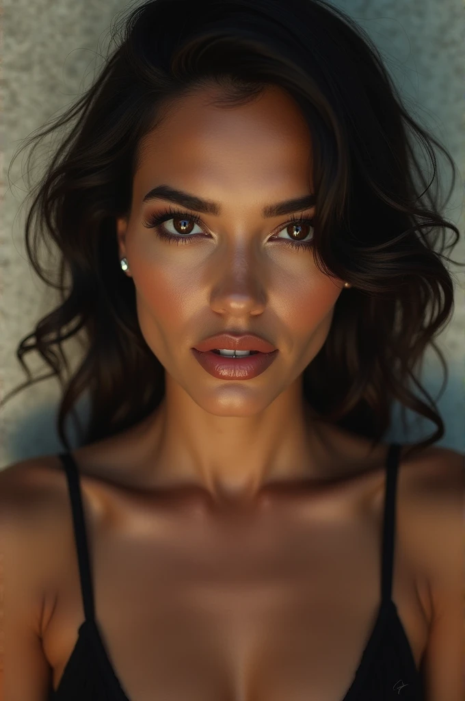 A hot 21yo milf, (glossy pink lipstick, light purple eyeliner), sensual eyes and long eyelashes, (glossy dark black hair bob haircut), tight V-neck unzipped shirt, mini  skirt, tanned, tan lines, front shot, warm light