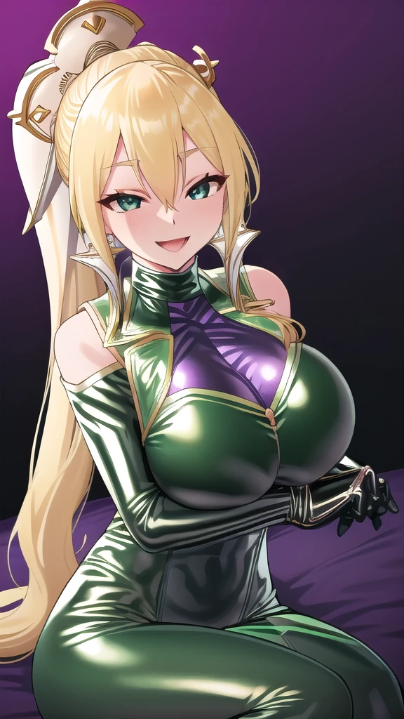   erotic , Big Breasts、 ponytail、Alone, light green latex rubber suit turtleneck purple evil background、 Best Quality,  detailed face,  detailed eyes on board,  high resolution on down,、Evil female executive、smile、 Sexy Poses、Fallen into evil、Fall into Darkness、Dark Side、lure、Estrus、Open your mouth slightly