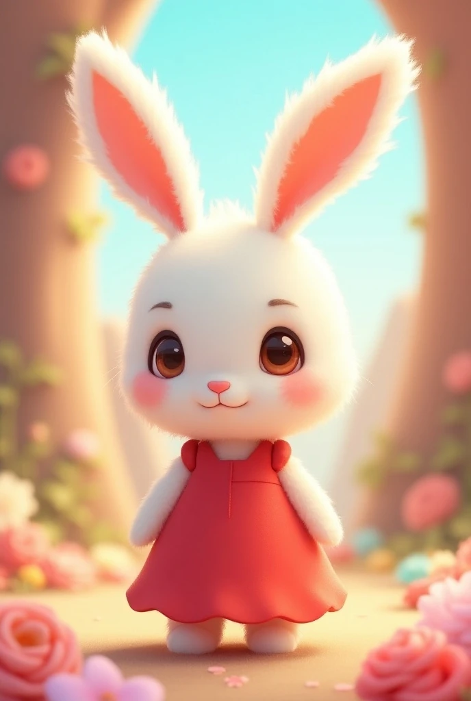 1girl, rabbit girl, (furry, kemono:1.5), white fur, rabbit ears, animal ears, cartoon style, red dress,