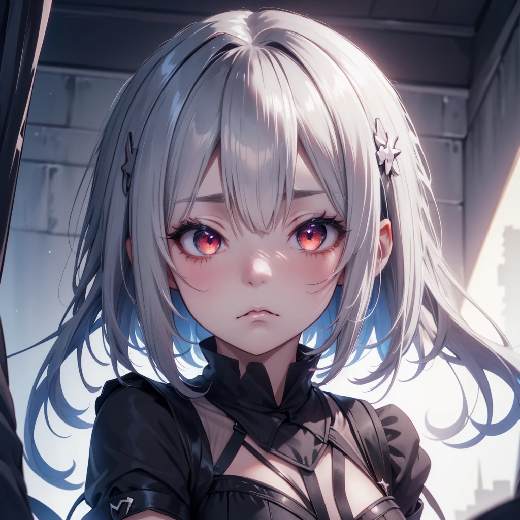 anime girl, silver hair, short hair, red eyes, bat ears, makeup, annoyed, shy, blush, embarrassed, high detail, anime, Gothic art, anime style, first-person view, pov, [close-up 1.5], from below, atmospheric perspective, perspective, UHD, retina, masterpiece, accurate, anatomically correct, textured skin, super detail, high details, high quality, award winning, best quality, highres, 4K, pfp, PFP, 1 girl, warfarin, warfarin arknigths, vampire