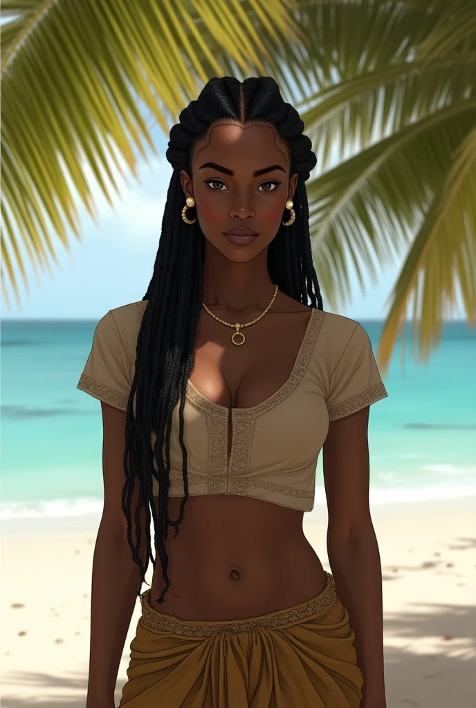 Photograph of a very beautiful woman, with long hair, black skin color, brown eyes, full body, centered face. detailed face.cinema effect. Image background on the beach, edited in Adobe premiere 8k. --auto --s2