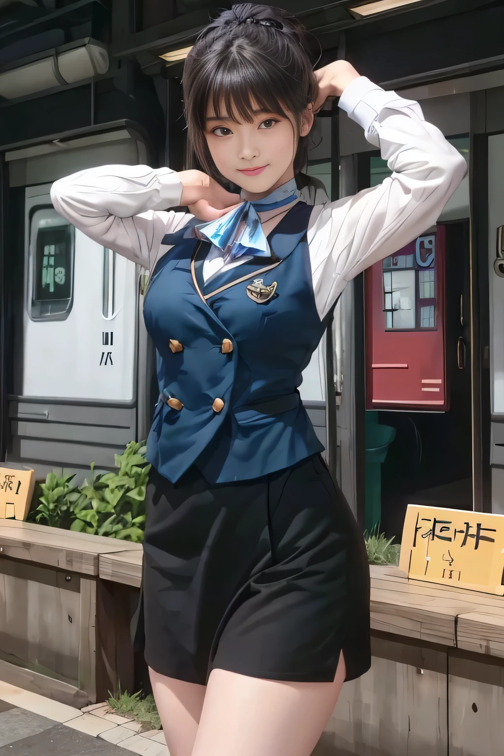 (masterpiece:1.2, Best Quality:1.2), 32kHDR,  kampala, (Alone、  1 girl)、（What is 、 Professional Lighting）、In-flight background、（Nankai Train crew uniformを着たリアルなスタイル）、（（  Nankai Train crew uniform collarless blouse long sleeve 、 Black Curled Culottes Skirt 、Scarf around the neck））、 Dark brown hair 、（ Long Hair、Hair tied up、Hair tied up）、 Dark brown hair 、 Long Hit 、Big Breasts、Thin legs、（（Great hands：2.0）），（（  harmonious body proportions ：1.5）），（（Normal limbs：2.0）），（（Usually refers to：2.0）），（（ DELICATE EYES FULL OF DECISION：2.0）），（（Normal eyes：2.0））)、smile、（Nankai Train crew uniformを着た美しい姿）、Cross your hands underneath