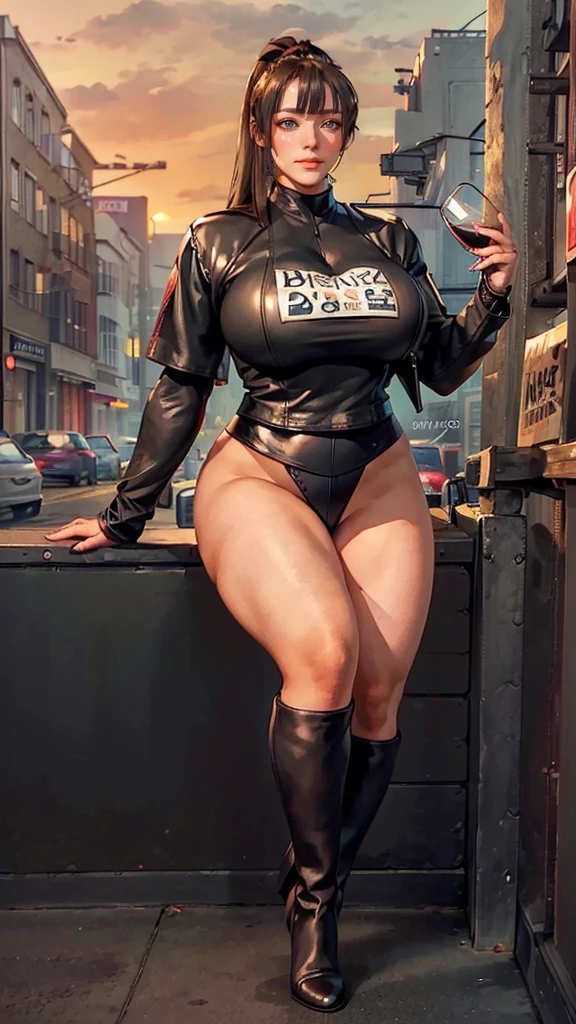 officer,officer ,((beautiful prostitute))),( sagging huge long wide heavy breasts),( (masterpiece) woman, Dressing (( black and red leather sports top, black leggings and a pleated leather skirt, long leather jacket, high heel boot, holding a book in one hand and a glass of wine in the other)) , Appearance ((black hair tied up in a high ponytail, modelo plus size, bright brown eyes,  detailed eyes,  red lips )), Environment, walking on a foggy street at sunset
