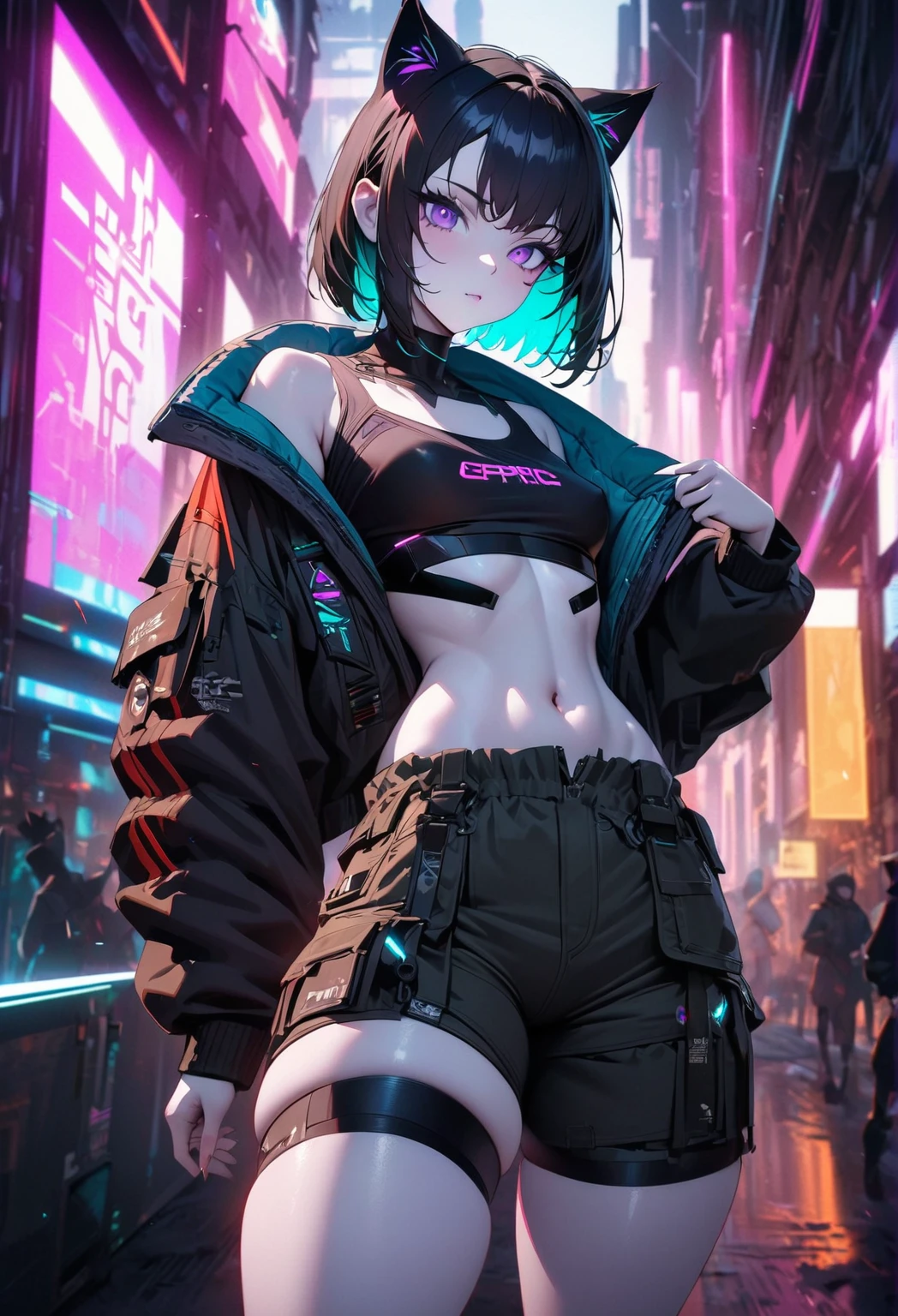 Young girl, short gray hair, gray eyes, high ponytail, cyberpunk, white top, open belly, shorts, furcoat, Masterpiece, best quality, Full HD, 8k, ultra details, great graphic