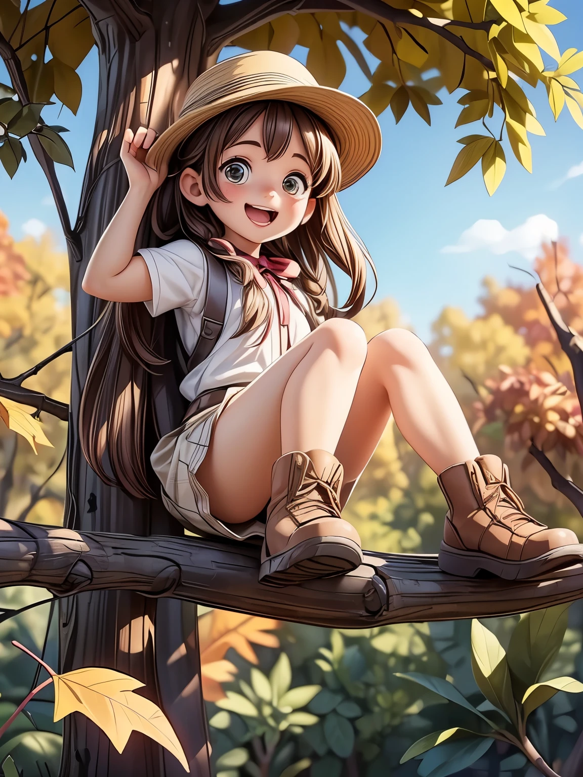 (Best Quality、4K、 high resolution on down、masterpiece:1.2)，Super detailed，Genuine， savanna，very young girl climbing a tree，View from a tree ， fall leaves for vaginal discharge，