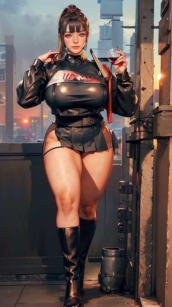 (​masterpiece, Top quality, best quality, official art, beautiful and aesthetic: 1.2), (busty mature thicc Denise Milani), extremely detailed, colourful, Highly detailed, (short, straight jet-black hair:1.3), (green eyes), ((khaki leather army shirt, buttoned up:1.3)), ((khaki leather pleated skirt:1.3)), ((nylon stockings:1.3)), ((black boxing gloves:1.3)), ((short stiletto-heeled military boots)), ((huge breasts:1.4)), ((deep cleavage:1.3)), ((firm round breasts:1.5)), ((thicc, thick thighs:1.4)), (red lipstick, makeup:1.3), sexy nylon stockings, translucent stockings, (full body portrait:1.3), intimidating pose in an abandoned factory,