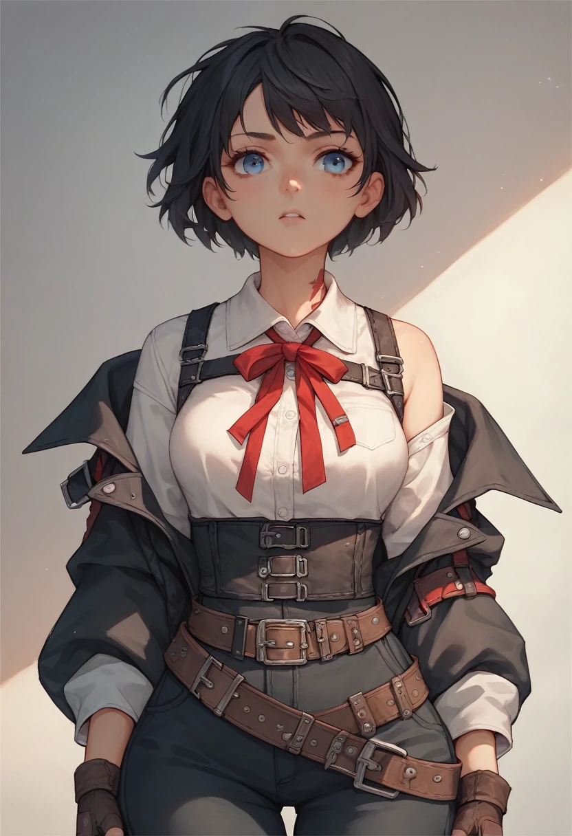 tino_shade, 1girl, short hair, black hair, red ribbon, blue eyes, medium breasts, white shirt, ribbon on neck, black vest, strapped vest, off shoulder, sleeves, brown gloves, fingerless gloves, wide hips, belt, p