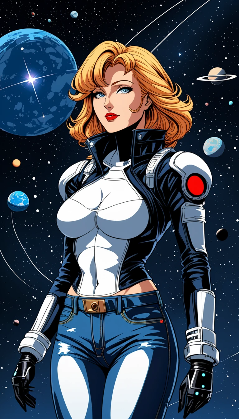detailed dark watercolor sketch, 1girl, woman, scifi, "new weird", chemist, full body, wearing space suit, bombshell hair, gray and peach hair with yellow highlights, Blowout, beige clothes, toned hourglass figure, caucasian, sky scifi village outside of time<lora:EnvyStarlightDarkSketch01:1.25>